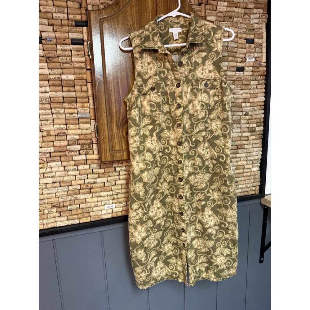 Charter Club Green Floral Sleeveless Cotton Collared Button Front Sundress Sz 14